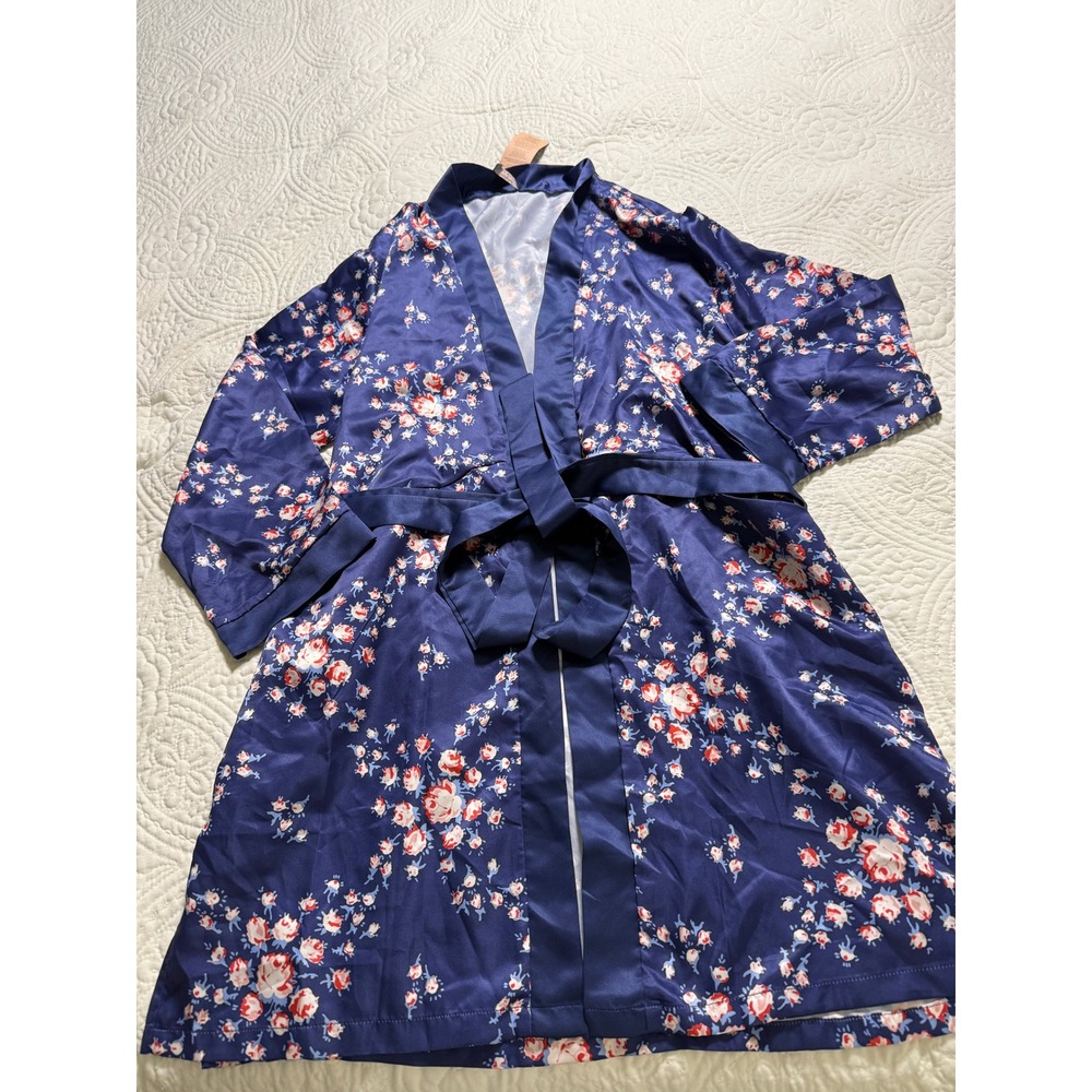 Morgan Lane Satin Robe Womens S/M Navy Blue Floral Belted FabFitFun Loungewear